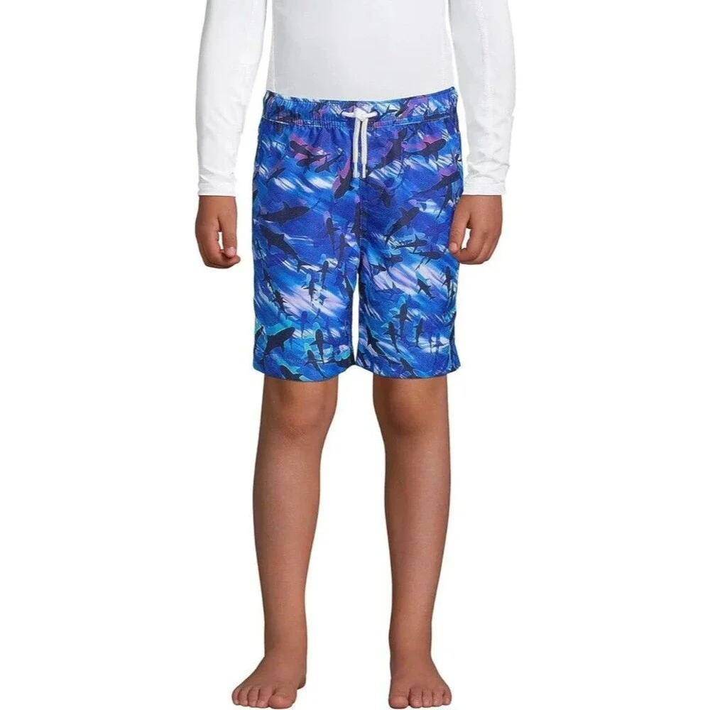 Lands' End Boys Large Cool Sharks Swim Trunks Drawstring Pocket Mesh Lined NWT